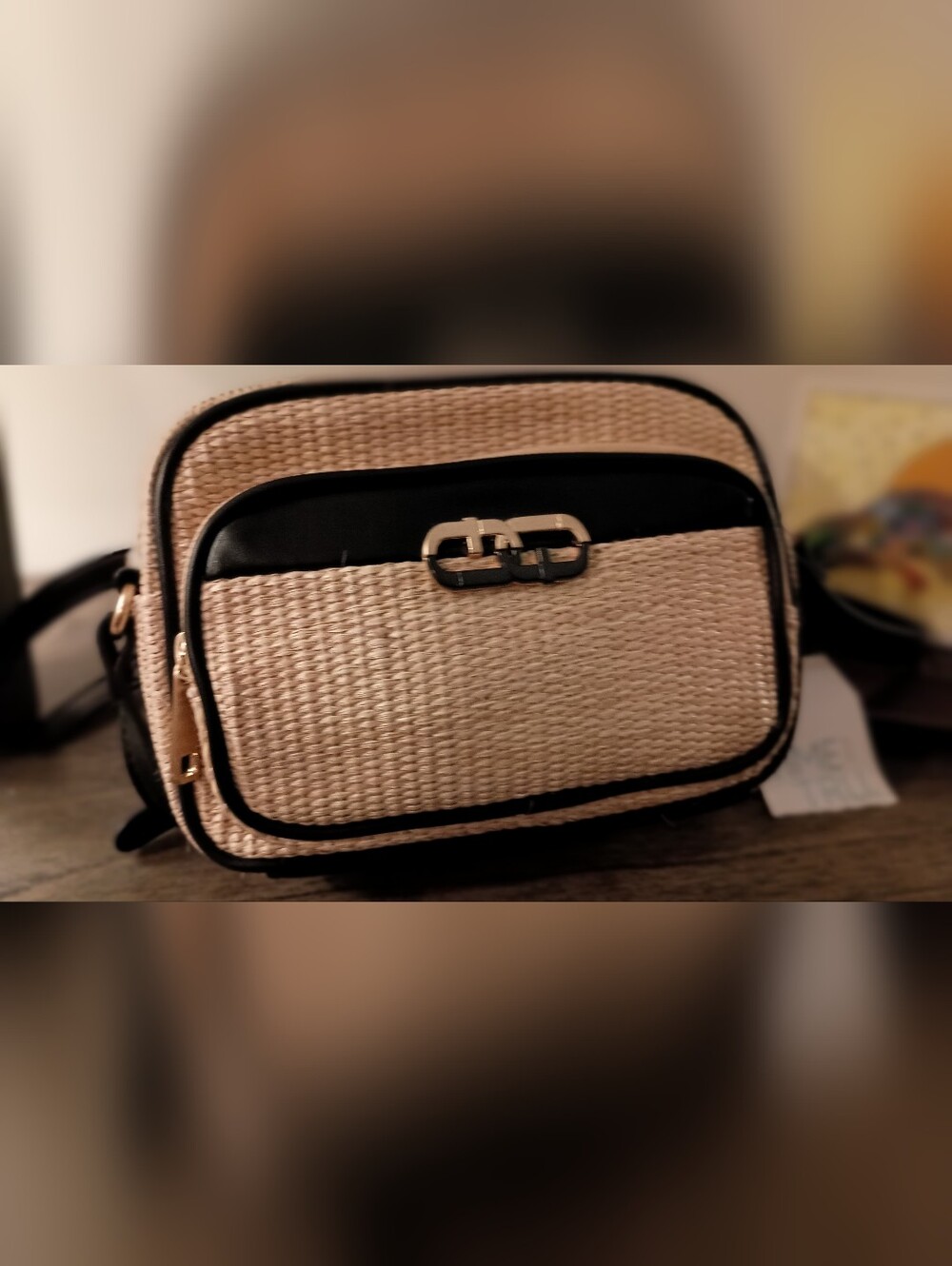 Time and Tru Beige Woven Crossbody with Black Trim and Gold Accent - Picture 2 of 10